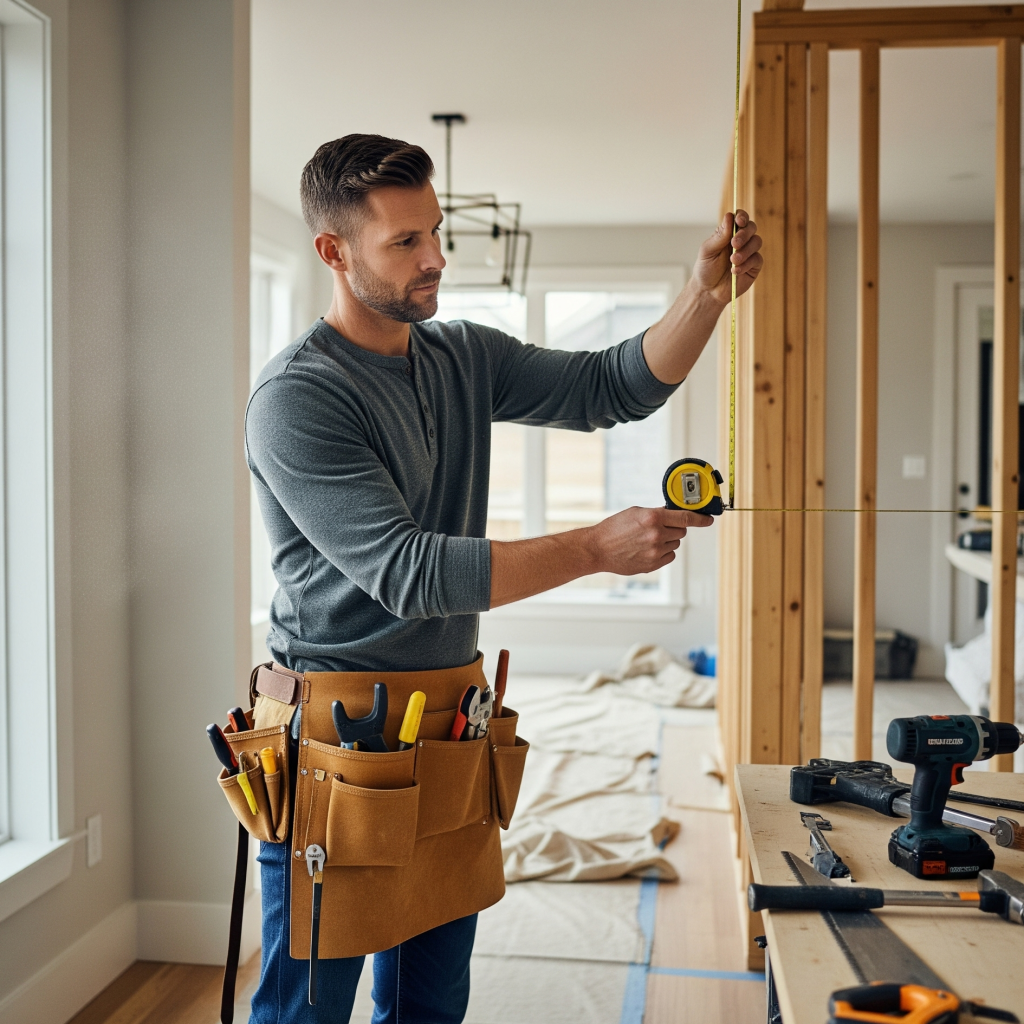 Total Property Repair measuring framing for a residential renovation during a general contracting project.