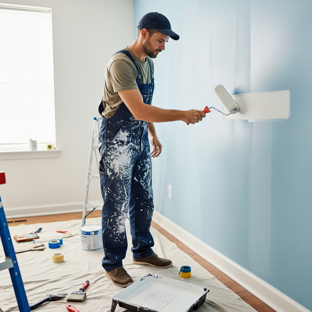 Total Property Repair painting an interior wall with a roller during a residential home improvement project.
