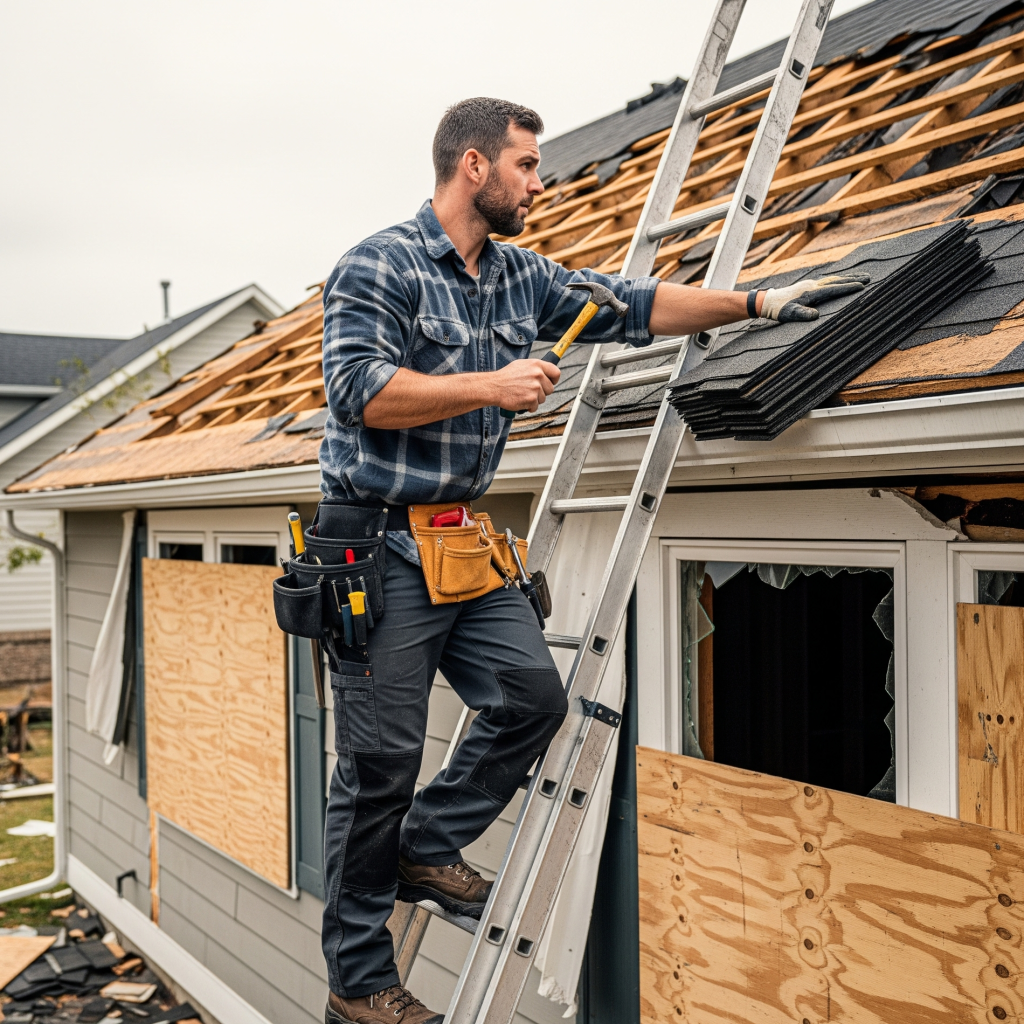 Total Property Repair installing asphalt shingles on a storm-damaged roof during a residential roof restoration project.